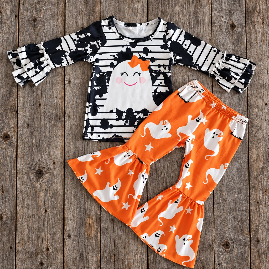 toddler girl ghost bell bottom outfit on barnwood background
