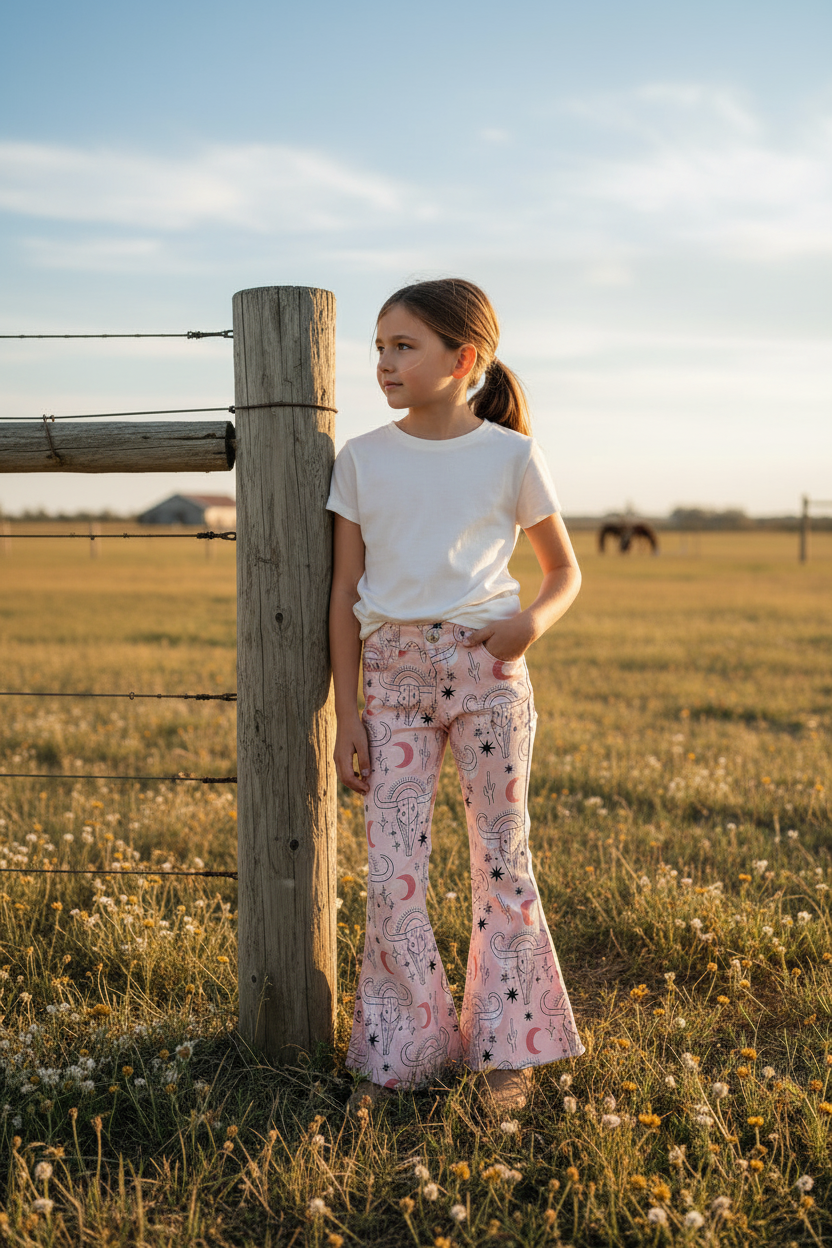 Cowgirl Pink Bell Bottoms, Western Cow Skull Jeans
