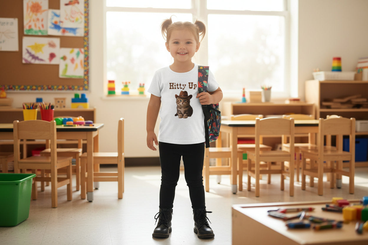 girl wearing toddler kitty up western cat tshirt