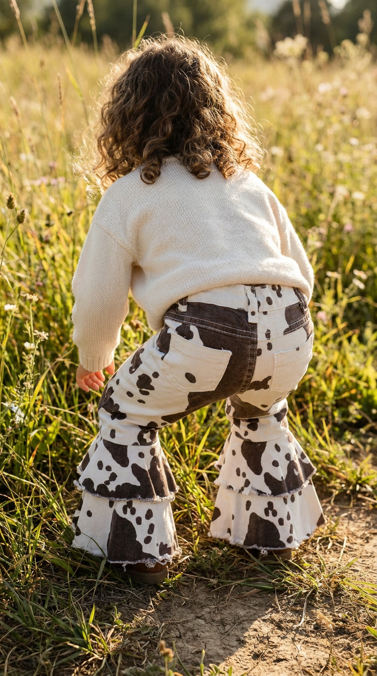 toddler girl bending over outdoors wearing RAzels toddler to big kid cow hide ruffle bell bottom jeans