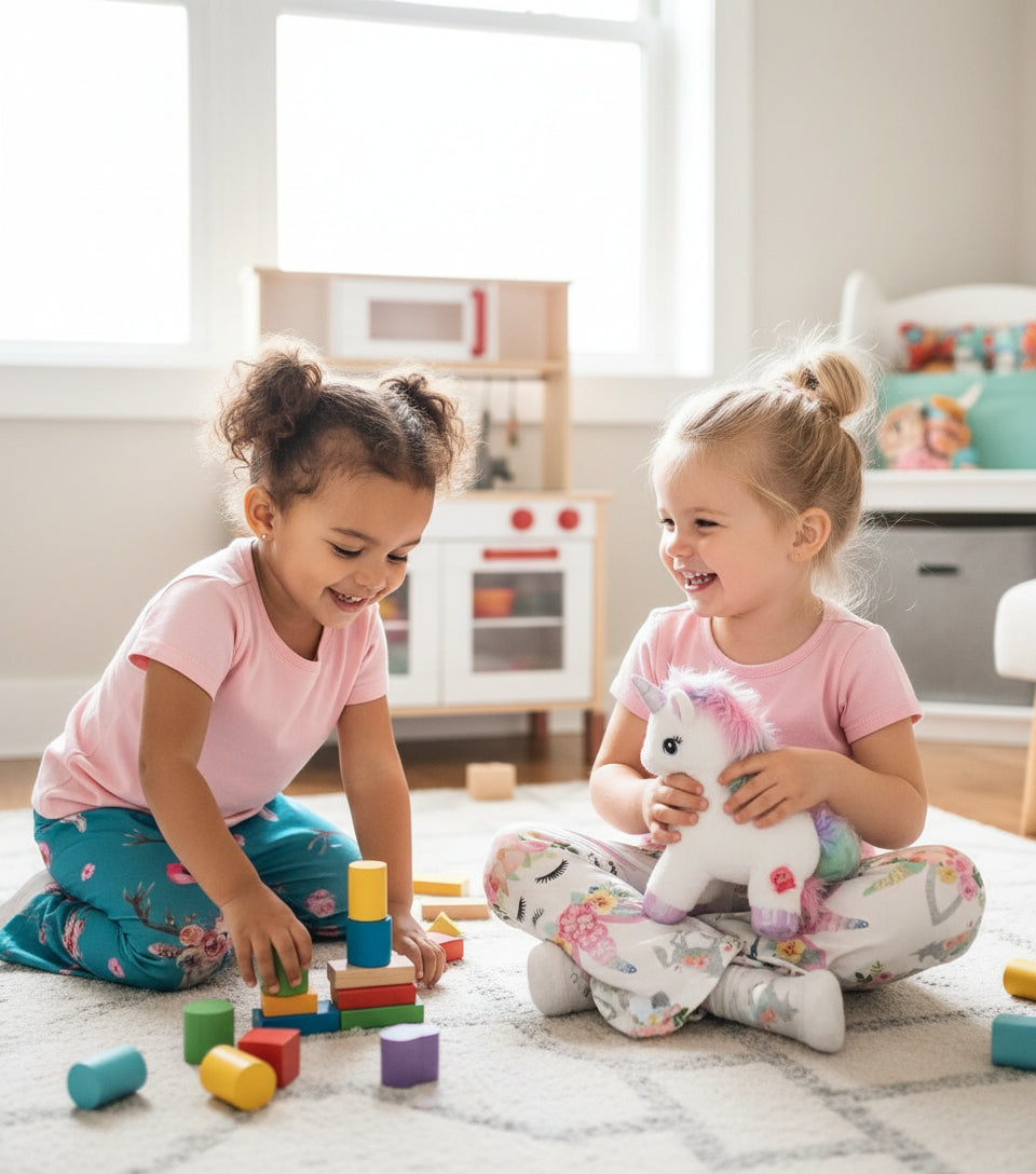 Two young girls playing with toys in a bright room.
