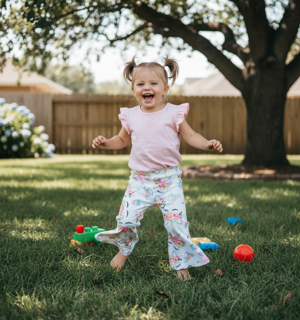 Toddler Unicorn Bell Bottoms – Floral Boho Pants for Girls, Stretchy Boutique Flares