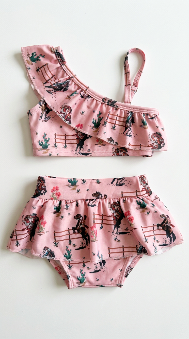 Pink children's two-piece tankini swimsuitt with cowgirls, horses and cacti design on a white background