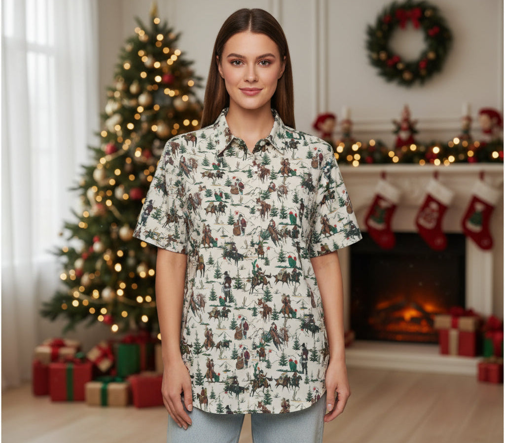 Cowboy Santa Hawaiian Shirt: Unisex Western Christmas Button Down -Razels