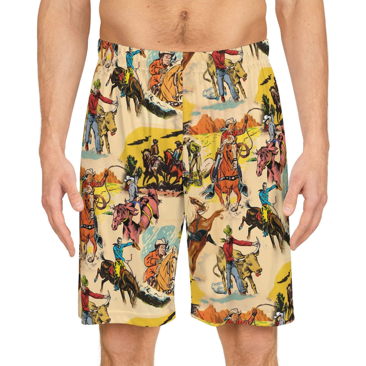 Vintage Cowboy Rodeo Print Basketball Shorts, Mens Western Athletic Shorts