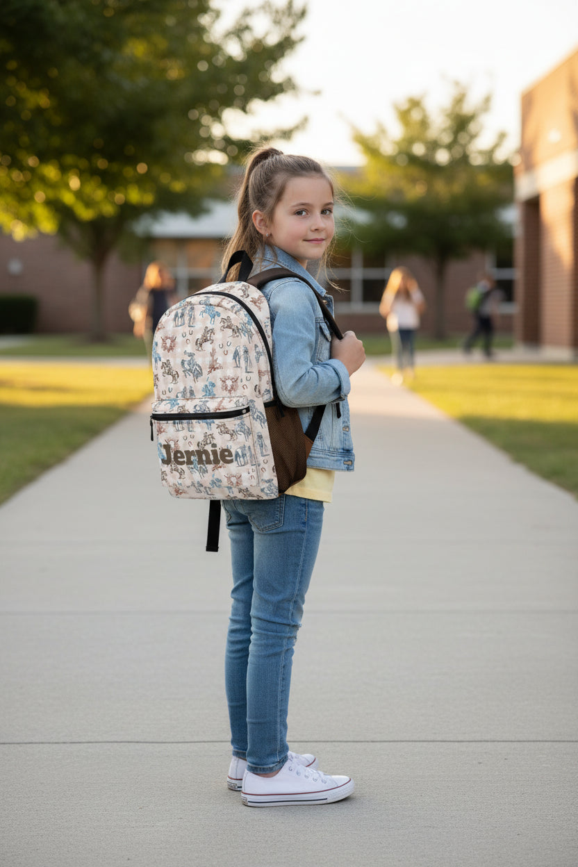 Backpack with horse and rider pattern and 'Jernie' branding on a white background