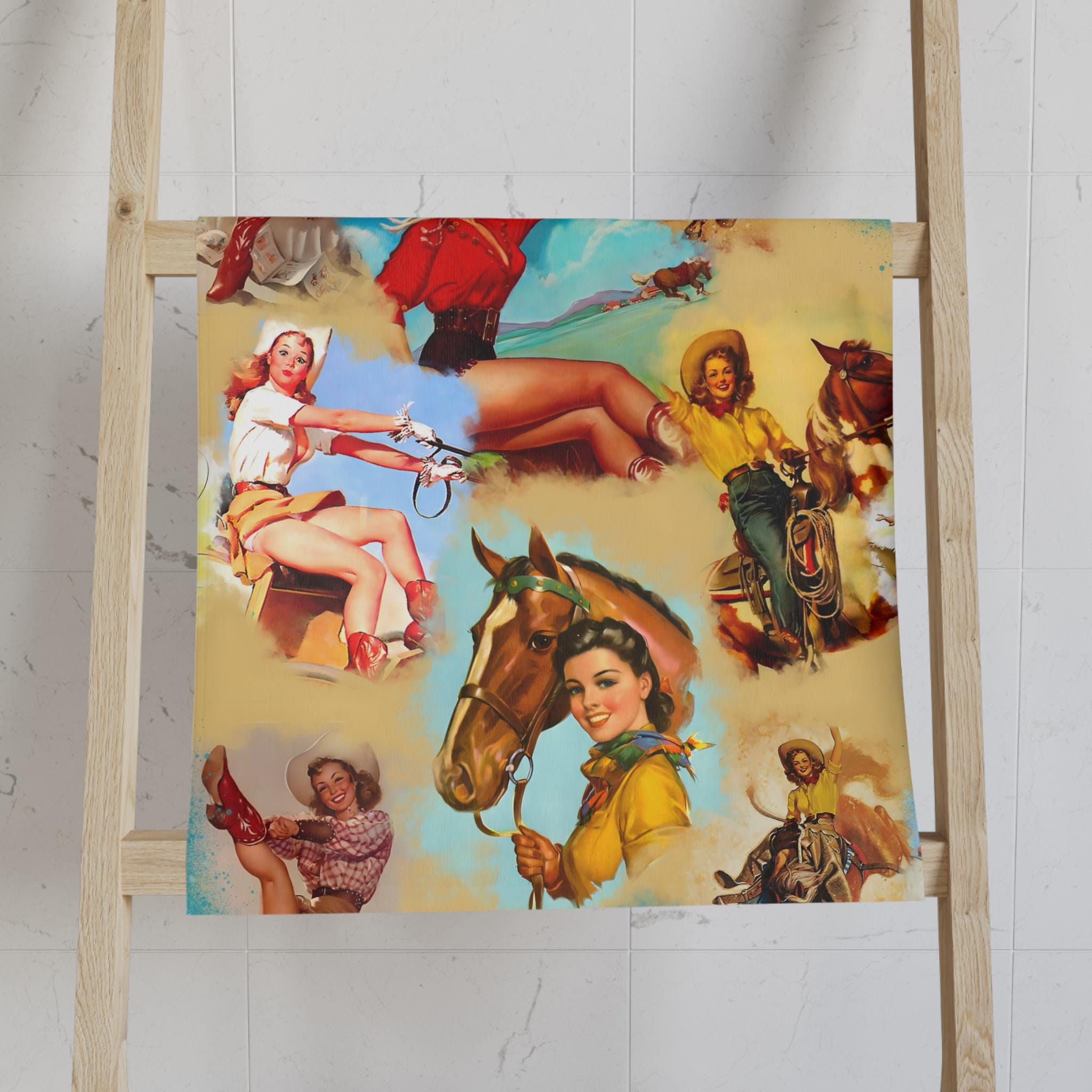 Vintage-style poster with women on horses and other elements, displayed on a hand towel