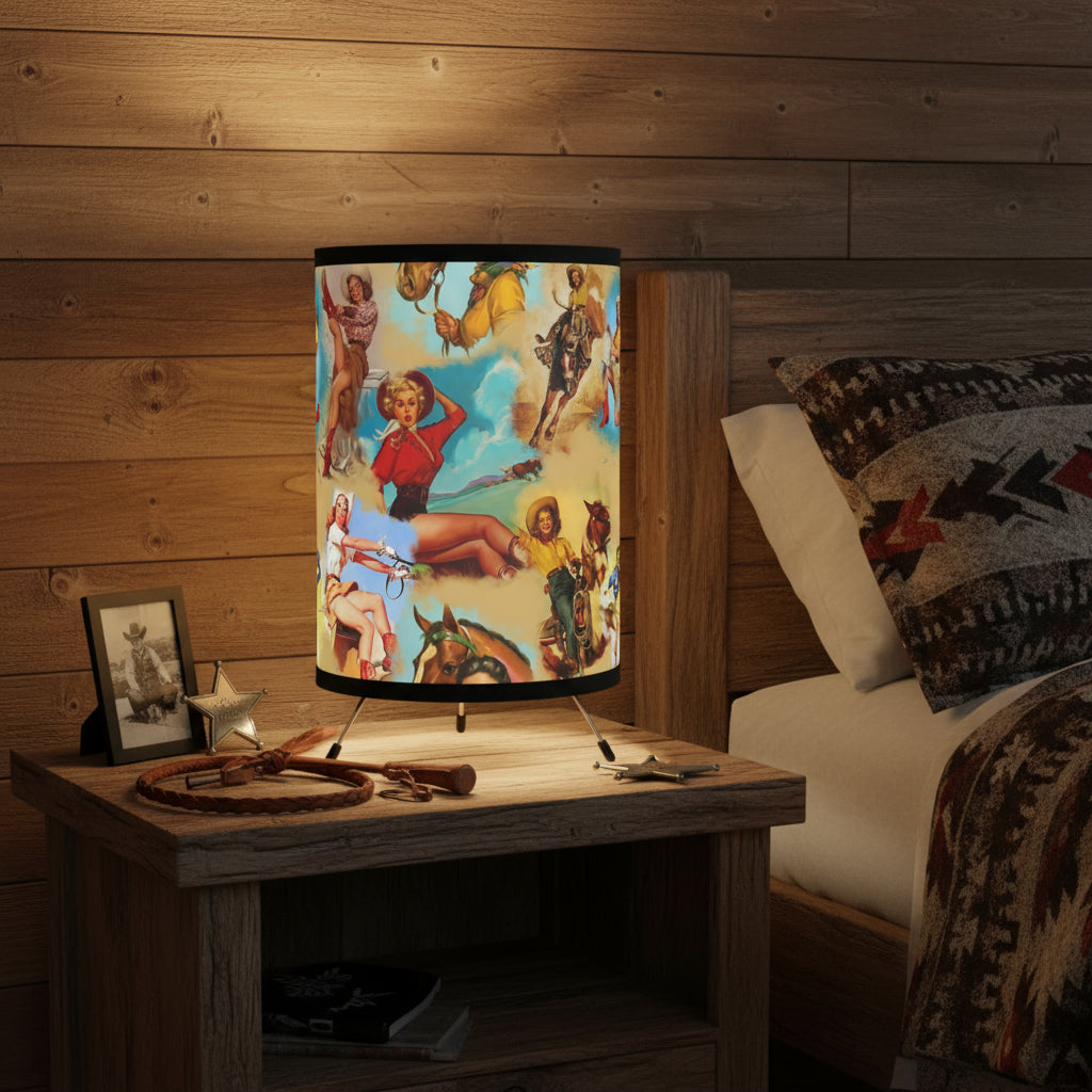 Decorative lamp with vintage-style design featuring women and horses on a white background