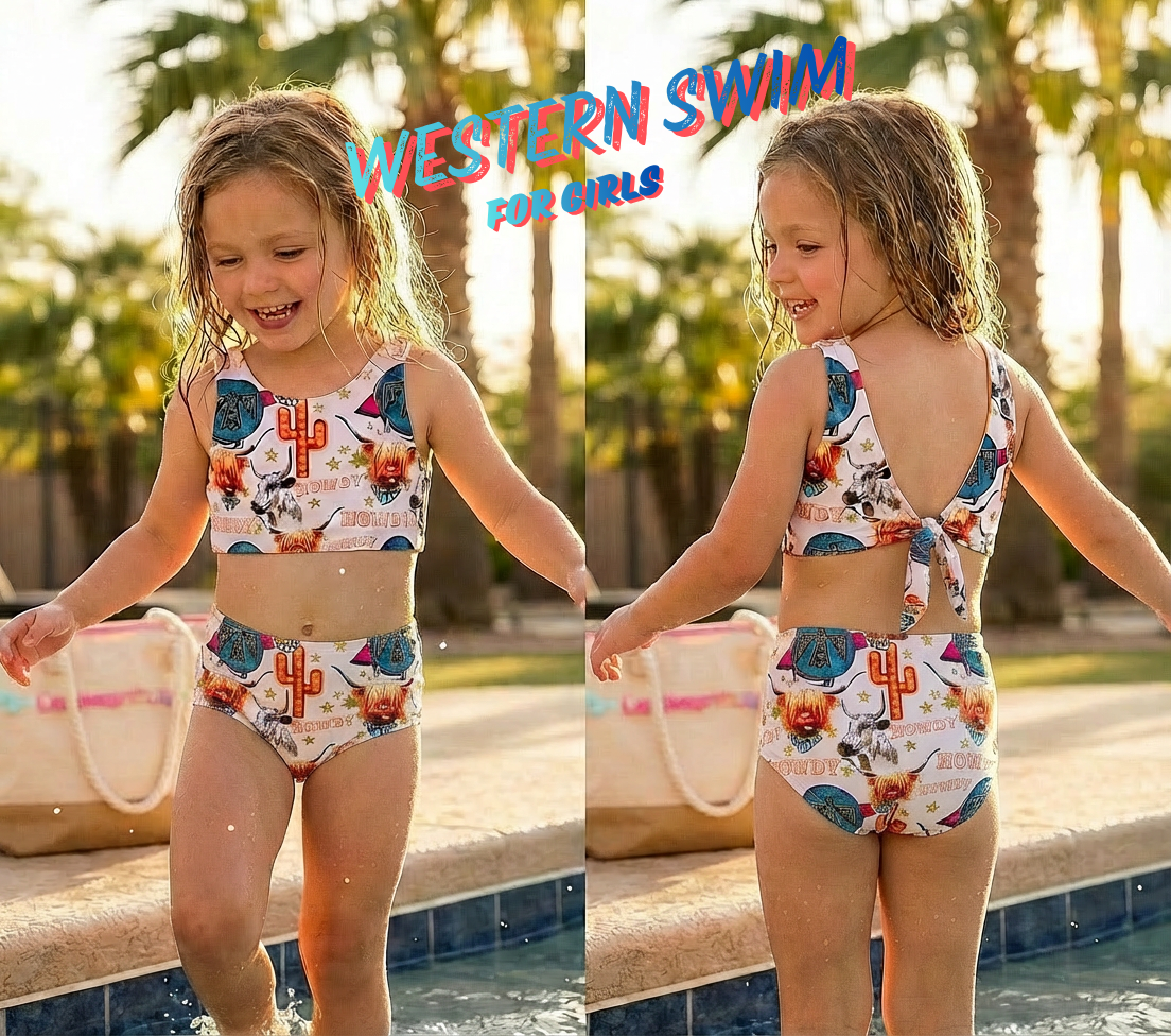 Girls Reversible Tie Swimsuit, Western Highland and Longhorn Cow High Waisted Tankini