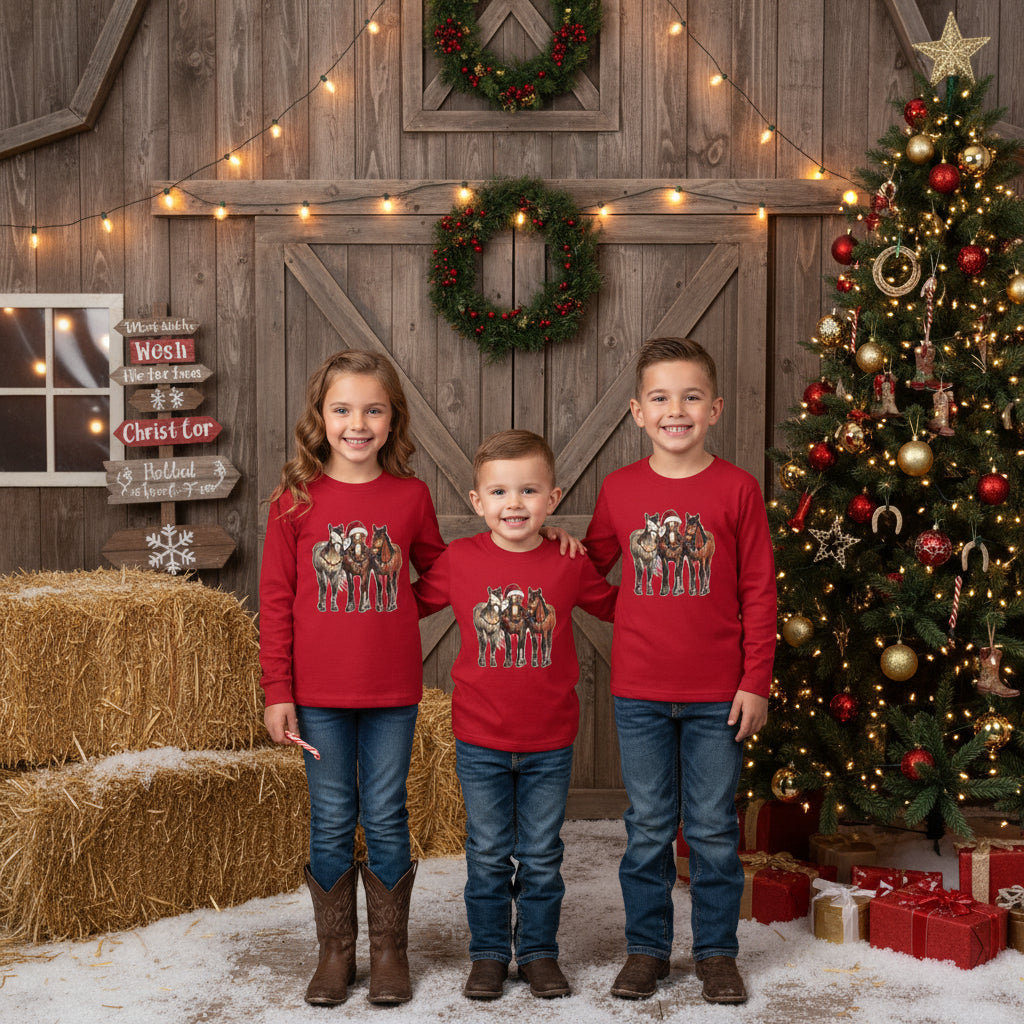 Red long-sleeve shirt with horse graphic on a white background