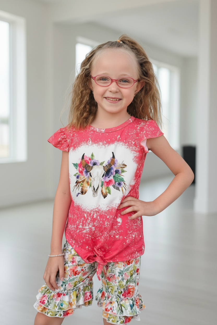 Young girl wearing a pink floral top featuring a cow skull and colorful flower ruffle shorts