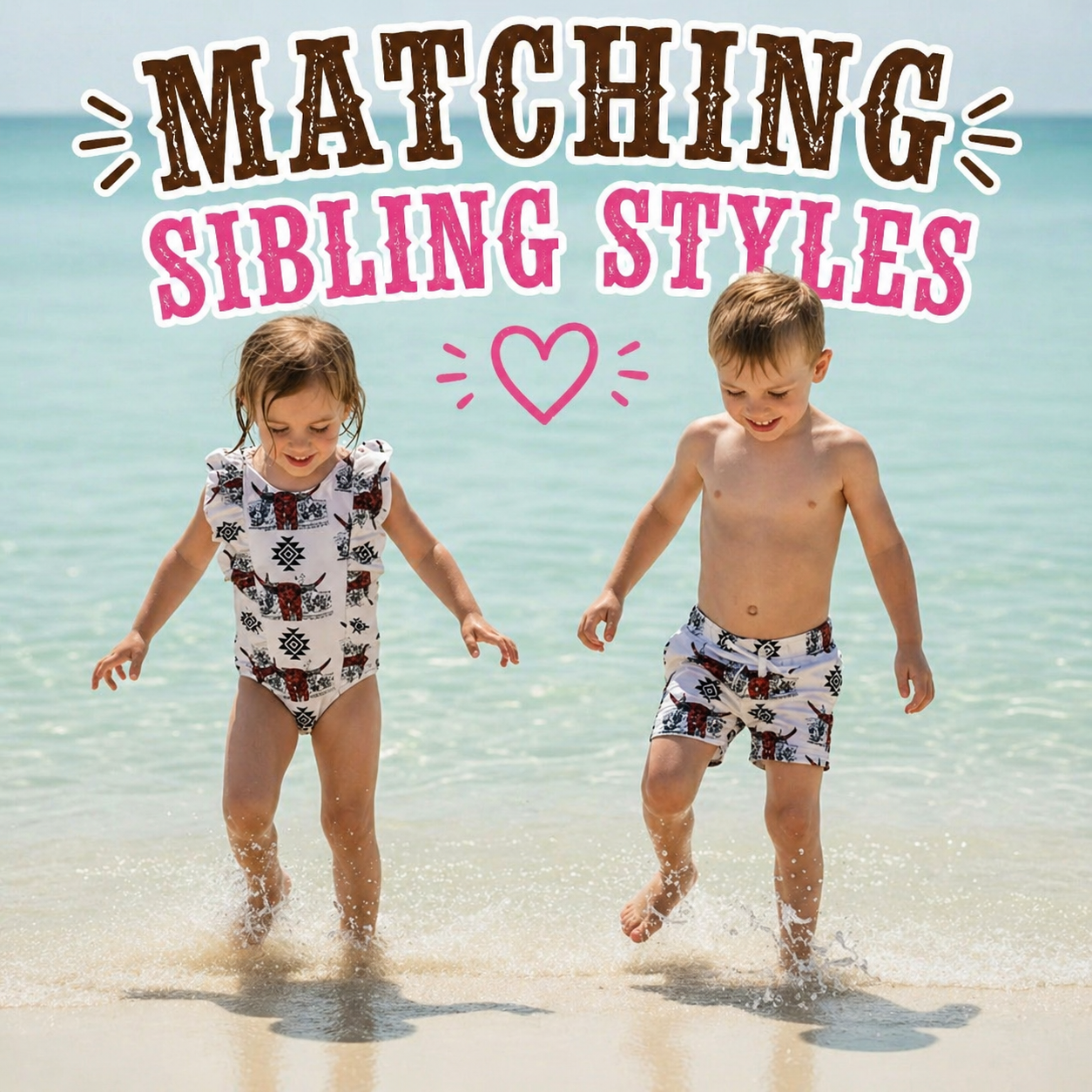Two children in matching swimsuits walking with longhorns and aztec designs on a beach with text 'Matching Sibling Styles'.