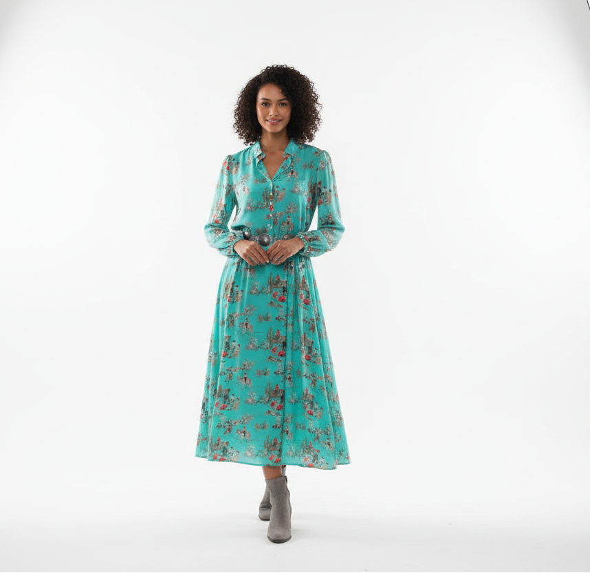 western maxi dress, cowboy print dress, turquoise western dress, spring western dress, western boutique dress, boho western maxi, cowgirl dress, western chiffon dress, western long sleeve dress, western midi maxi dress, wagon wheel print dress
