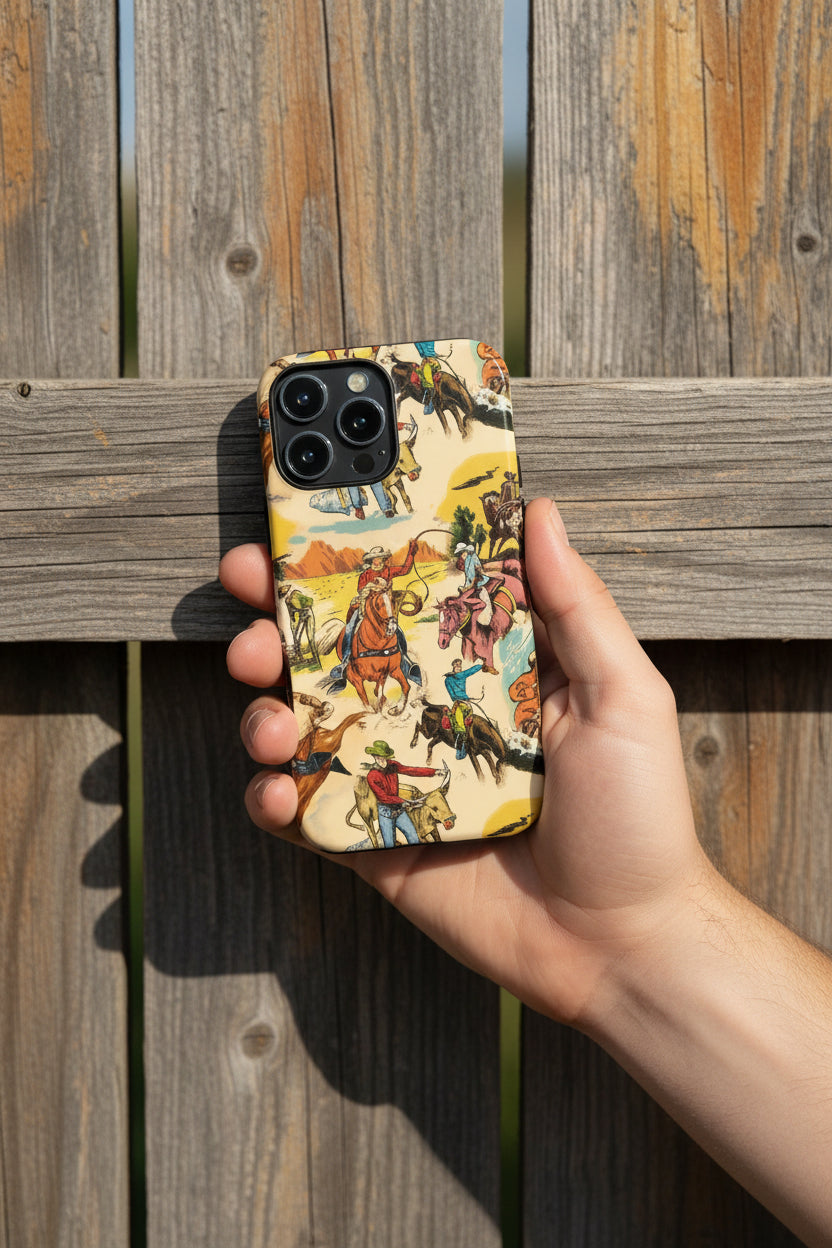 Phone case with a western-themed design featuring cowboys and horses on a white background