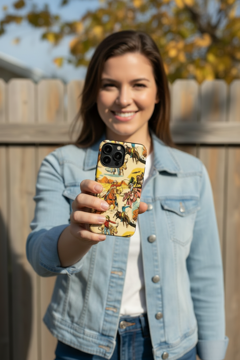 Person holding a phone with a colorful case against a wooden fence background
