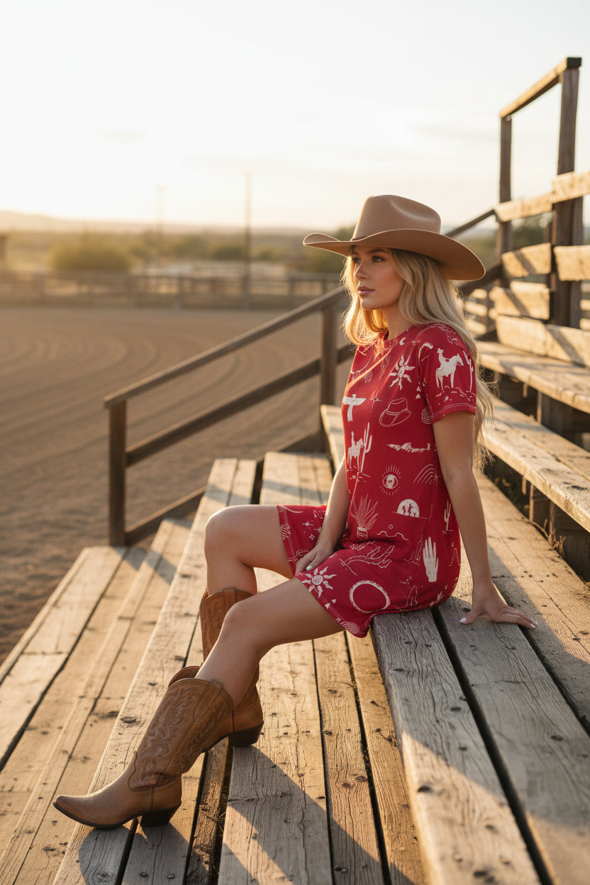 woman sitting on rustic bleachers wearing a Red dress with white desert-themed pattern