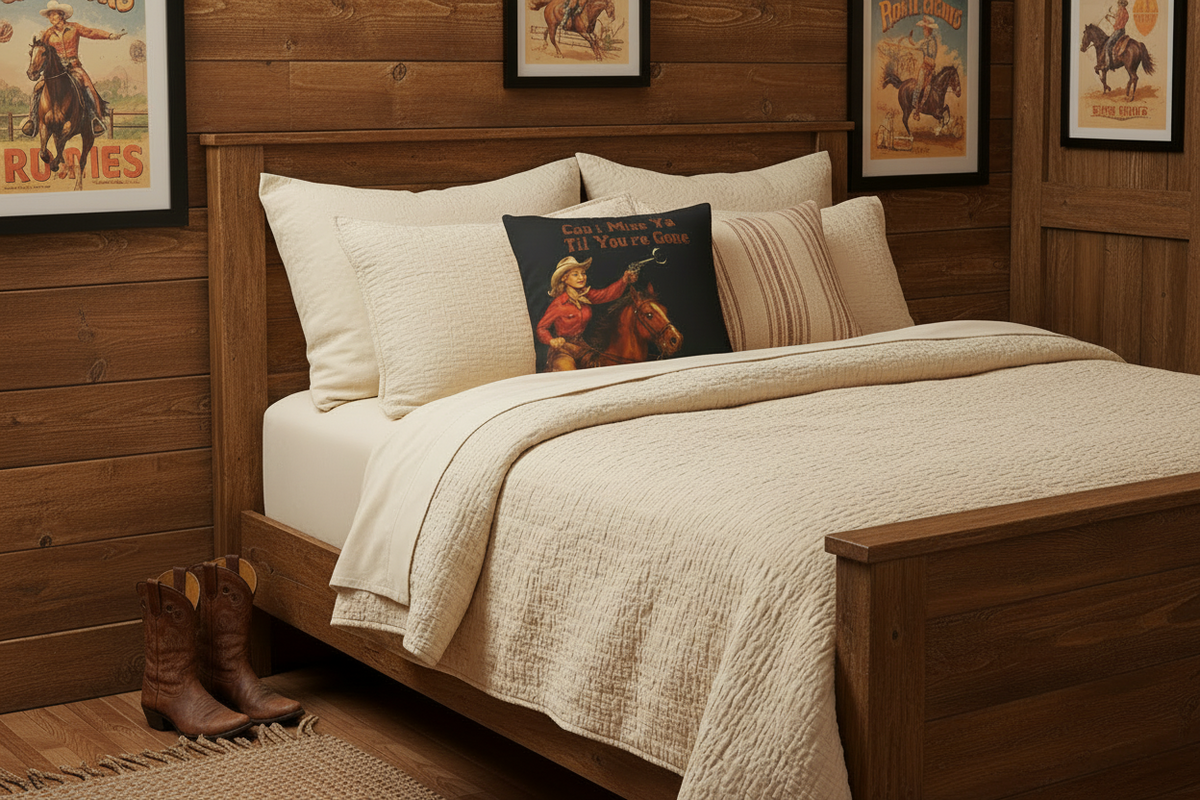 Pillow with a cowboy on a horse holding a gun and text 'Can't Miss Ya Til You're Gone' on a black background