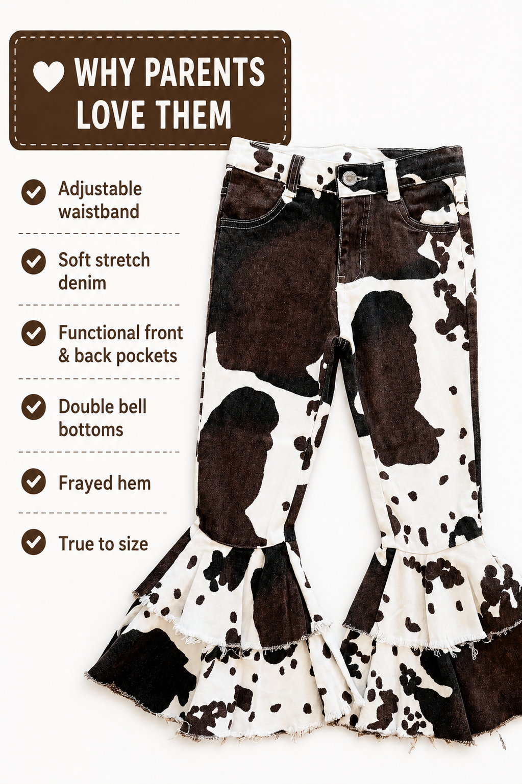 Cow print denim flare pants for kids, featuring a cowhide pattern in black and white with a frayed hem and adjustable waistband, shown with a text overlay detailing product features.