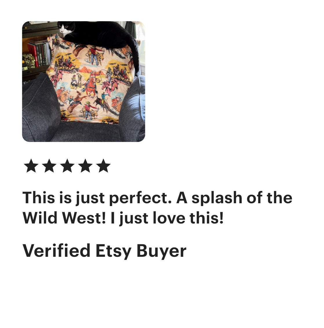 Product with a colorful design on a chair, accompanied by a five-star review from a verified Etsy buyer.