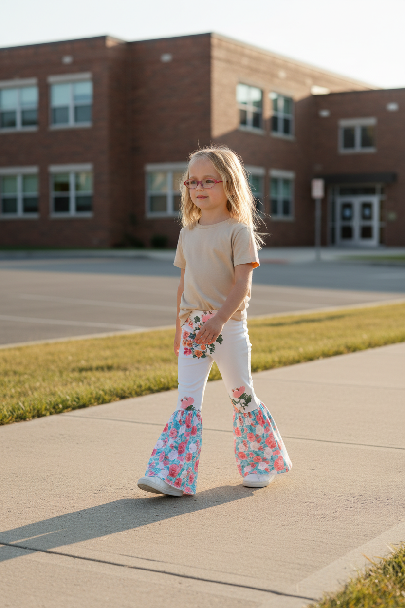 Young girl in a beige shirt and floral bell-bottom pants standing on a sidewalk in front of a brick building.