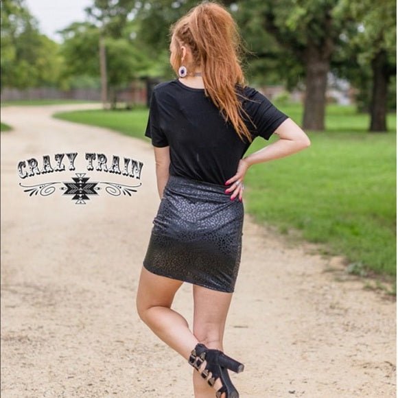 Womens Black Animal Print Pleather Leather Skirt - Razels
