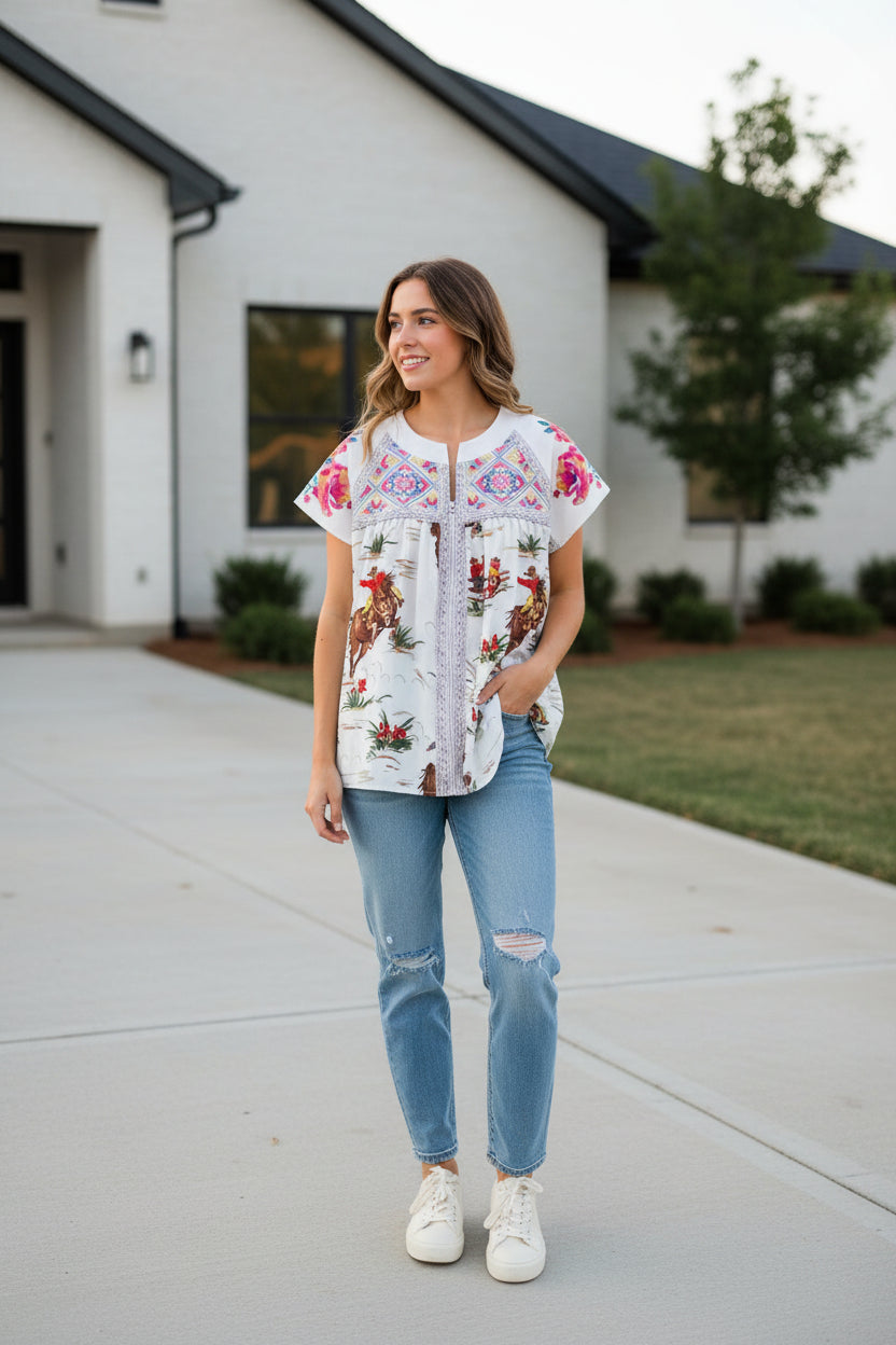 Womens Retro Cowboy Blouse, Flowers and Vintage Cowboy Shirt - Razels