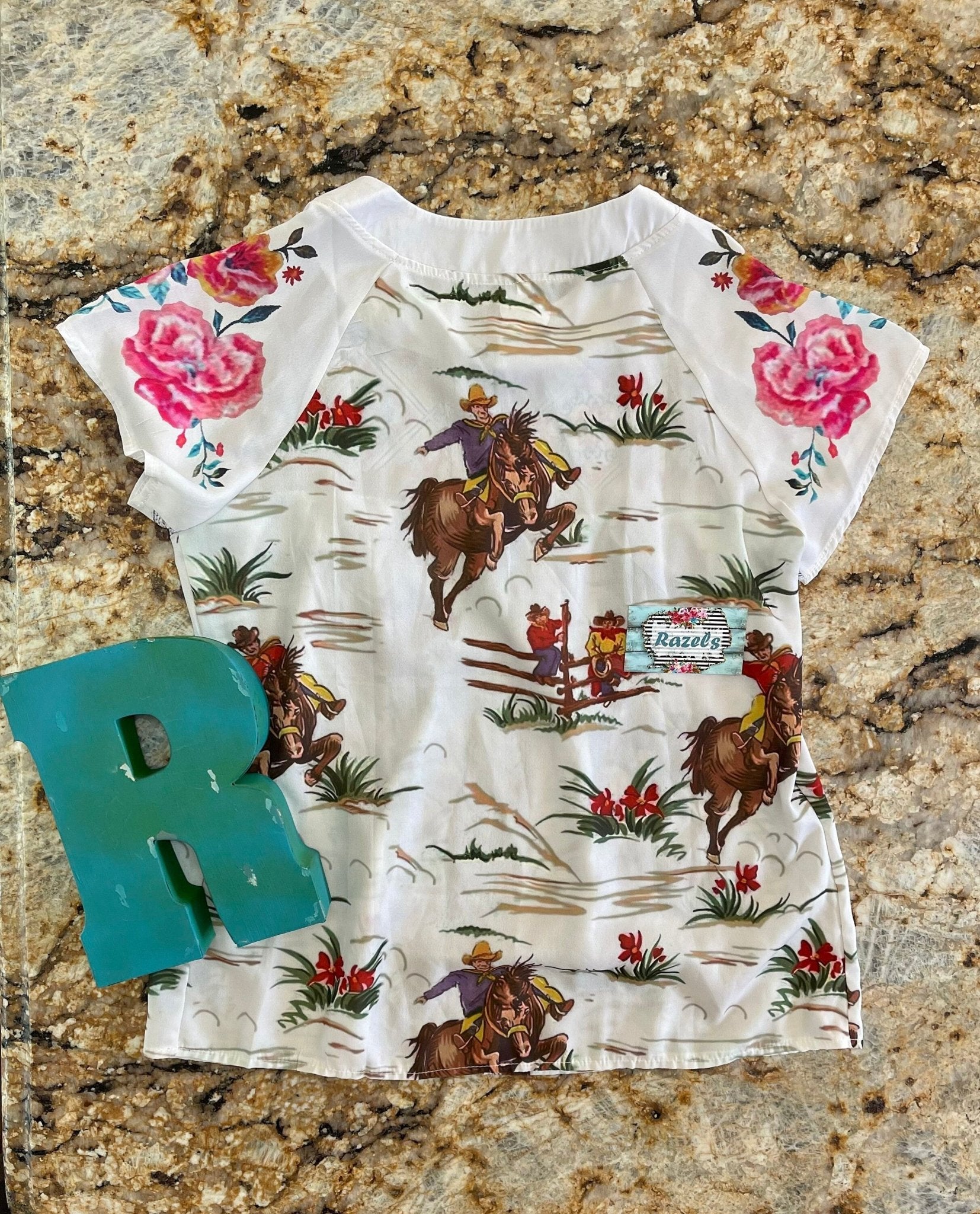 Womens Retro Cowboy Blouse, Flowers and Vintage Cowboy Shirt - Razels