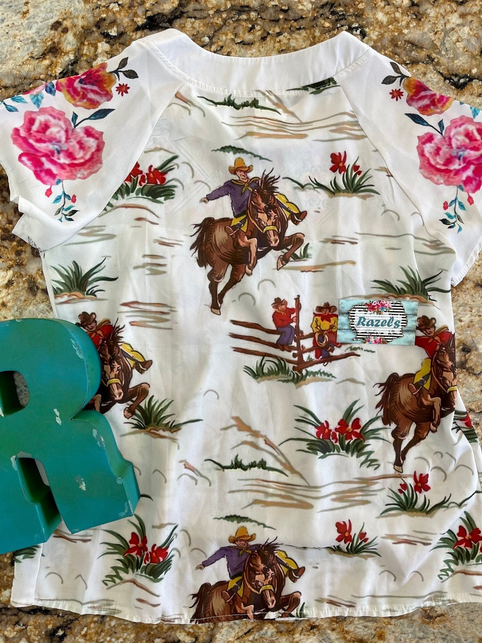 Womens Retro Cowboy Blouse, Flowers and Vintage Cowboy Shirt - Razels