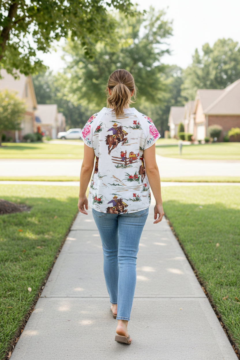 Womens Retro Cowboy Blouse, Flowers and Vintage Cowboy Shirt - Razels
