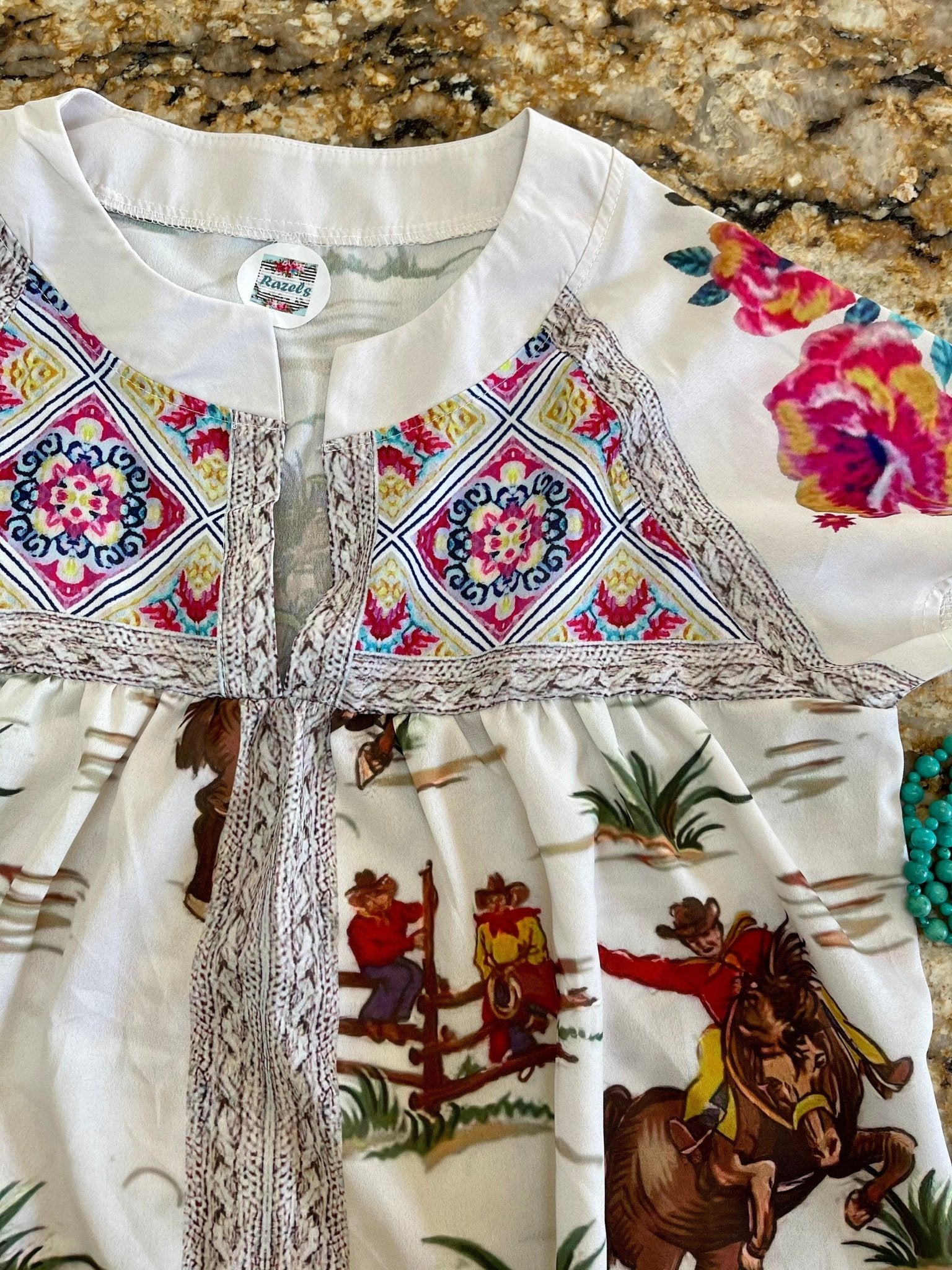 Womens Retro Cowboy Blouse, Flowers and Vintage Cowboy Shirt - Razels