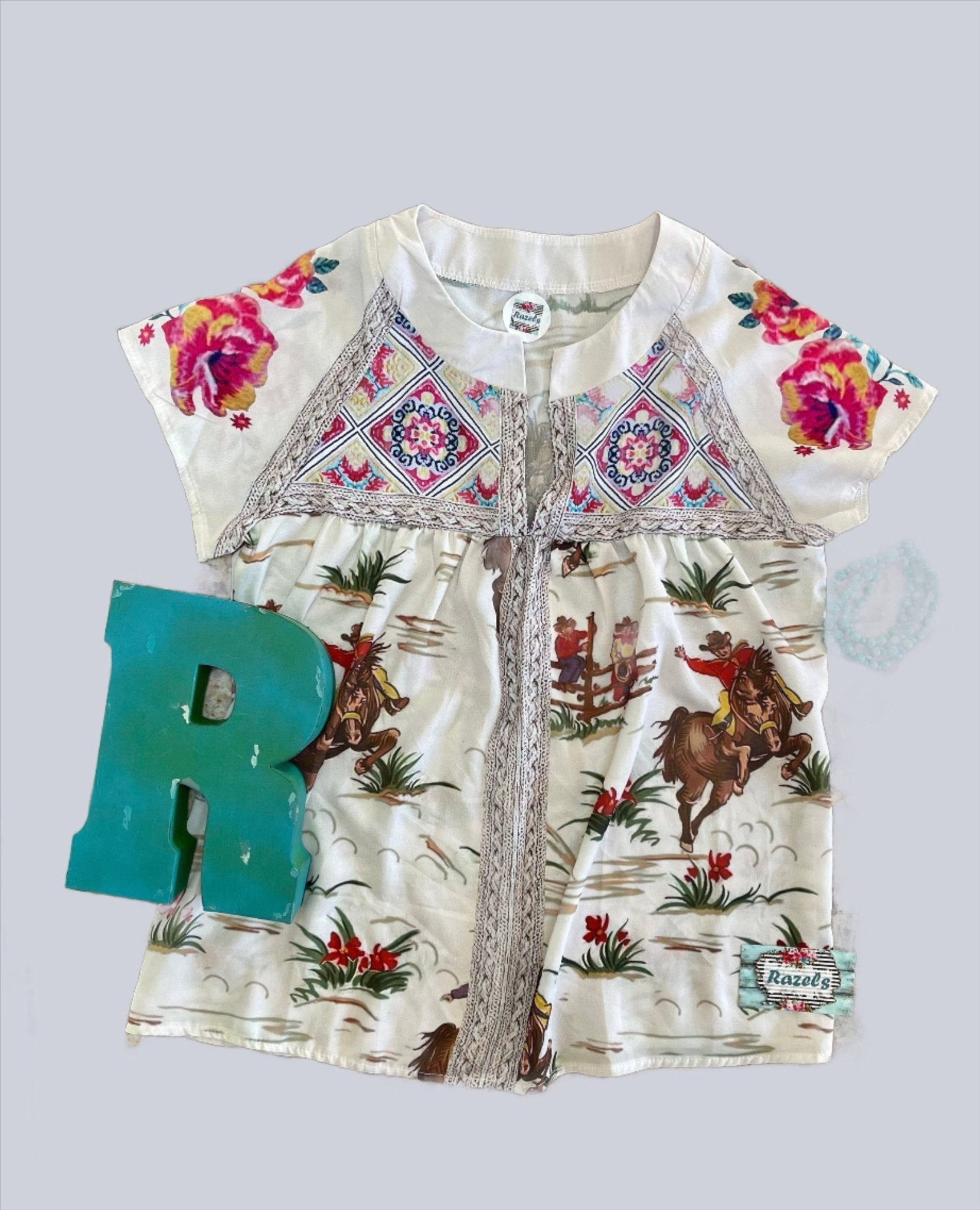 Womens Retro Cowboy Blouse, Flowers and Vintage Cowboy Shirt - Razels