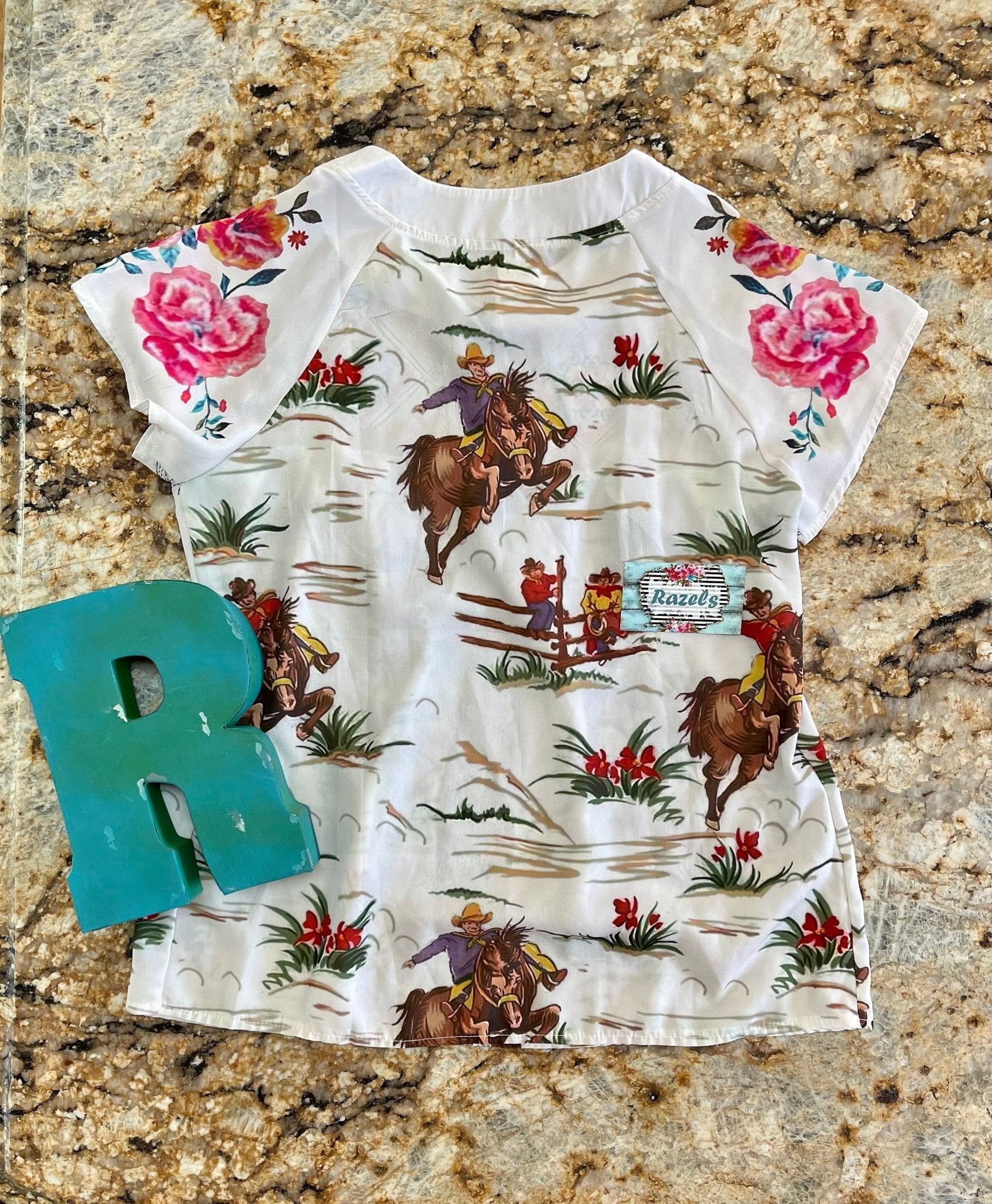 Womens Retro Cowboy Blouse, Flowers and Vintage Cowboy Shirt - Razels