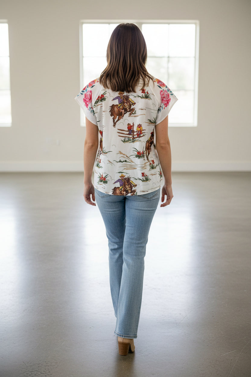 Womens Retro Cowboy Blouse, Flowers and Vintage Cowboy Shirt - Razels