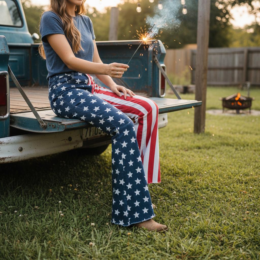 woman sitting on tailgate wearing 4th of july american flag bell bottom jeans