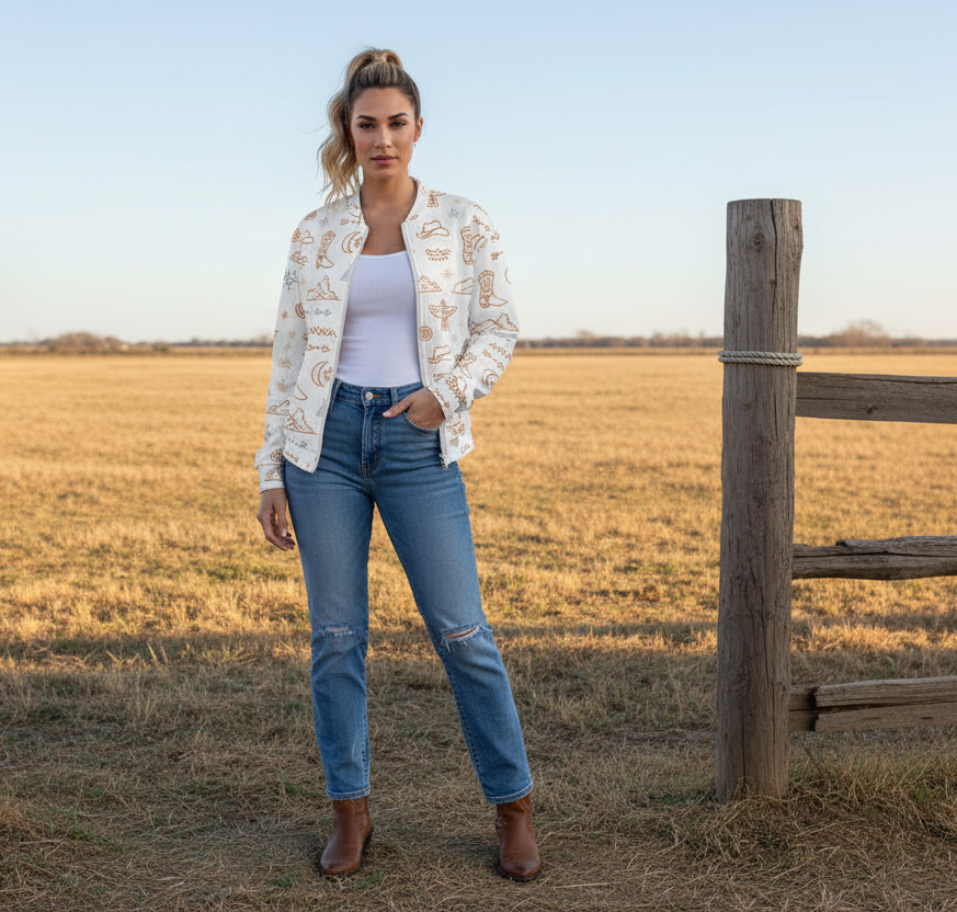Woman standing in a field wearing a white jacket with patterns, blue jeans, and brown boots.