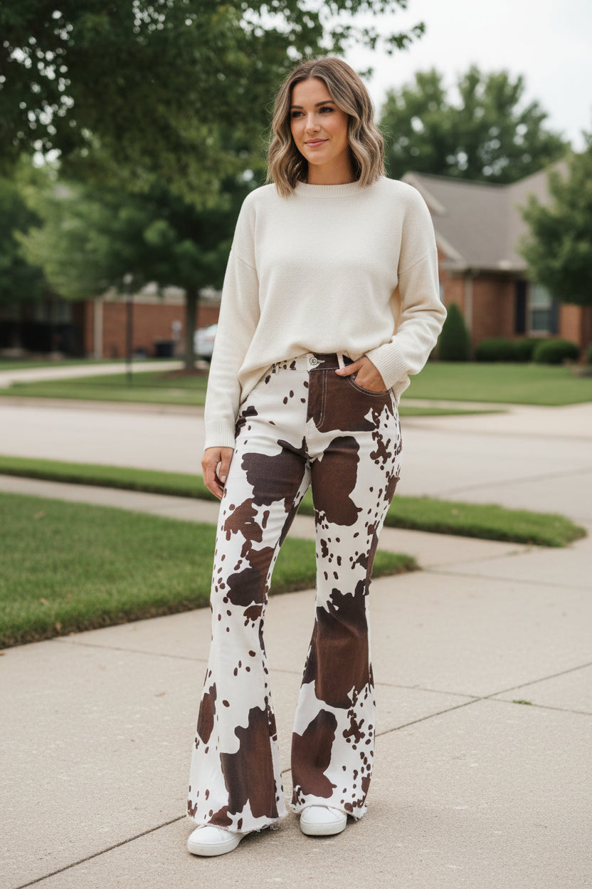 Cowprint Cowgirl Jeans – Women’s Western Bell Bottoms | Matching Mom + Me Outfit -Razels