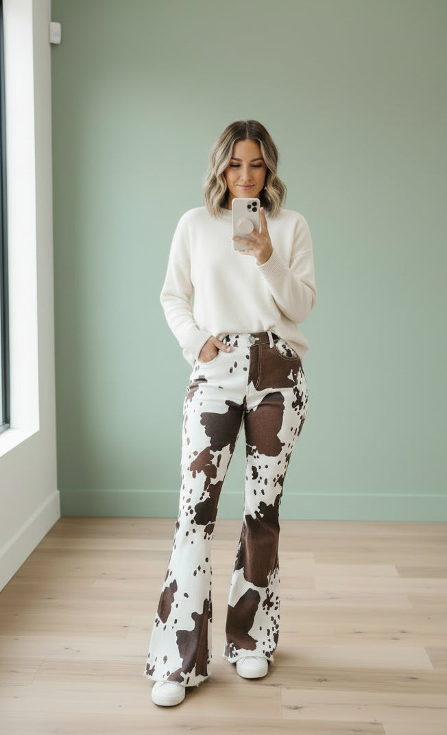 Cowprint Cowgirl Jeans – Women’s Western Bell Bottoms | Matching Mom + Me Outfit -Razels