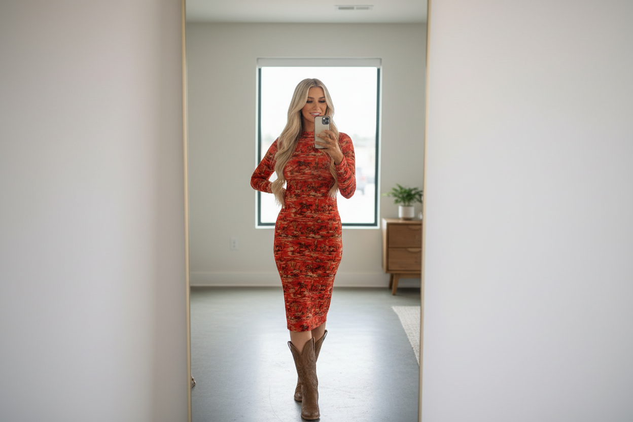 Woman taking a mirror selfie wearing a red patterned dress and brown boots in a room with a window and small table.