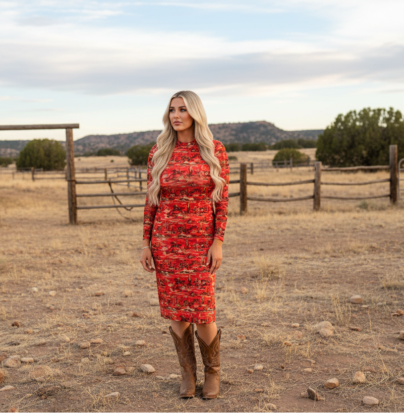 Woman in a red dress standing in a desert landscape with wooden structures and trees in the background.