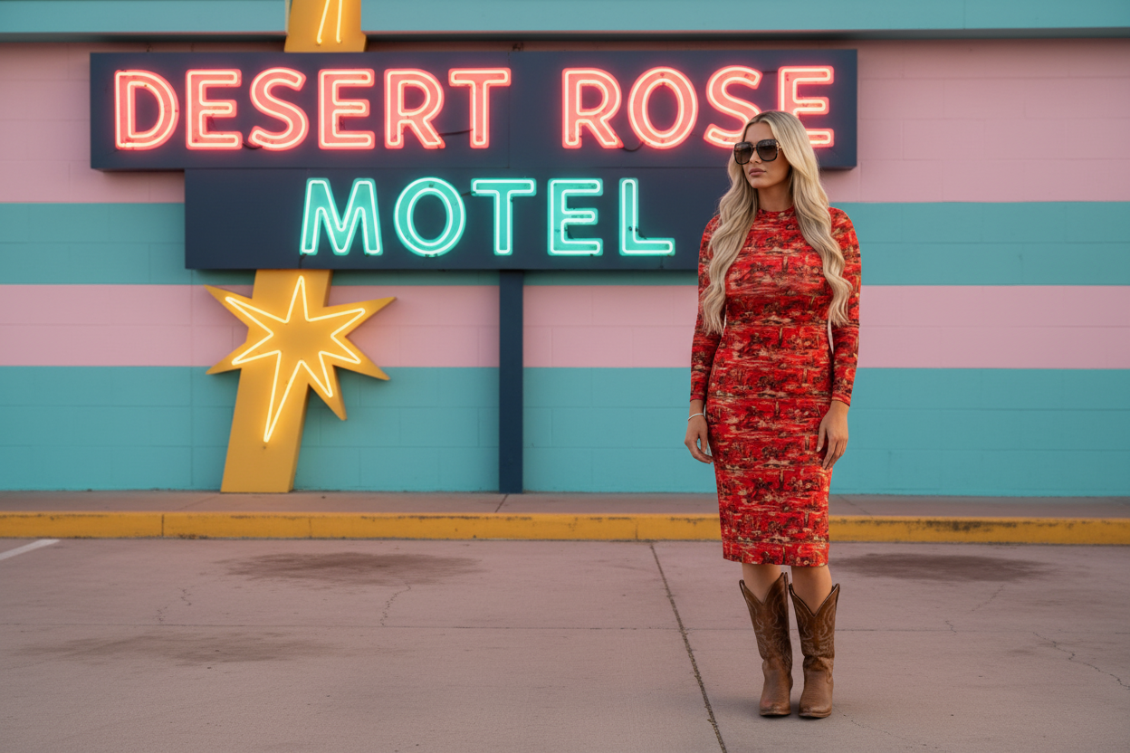 Woman in a red dress and brown boots standing in front of a neon sign for Desert Rose Motel.