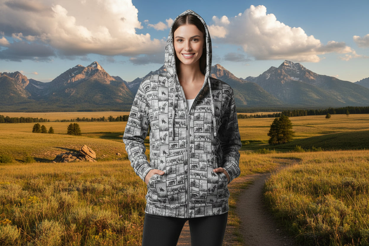 zip up cowboy sweatshirt, western motif hoodie