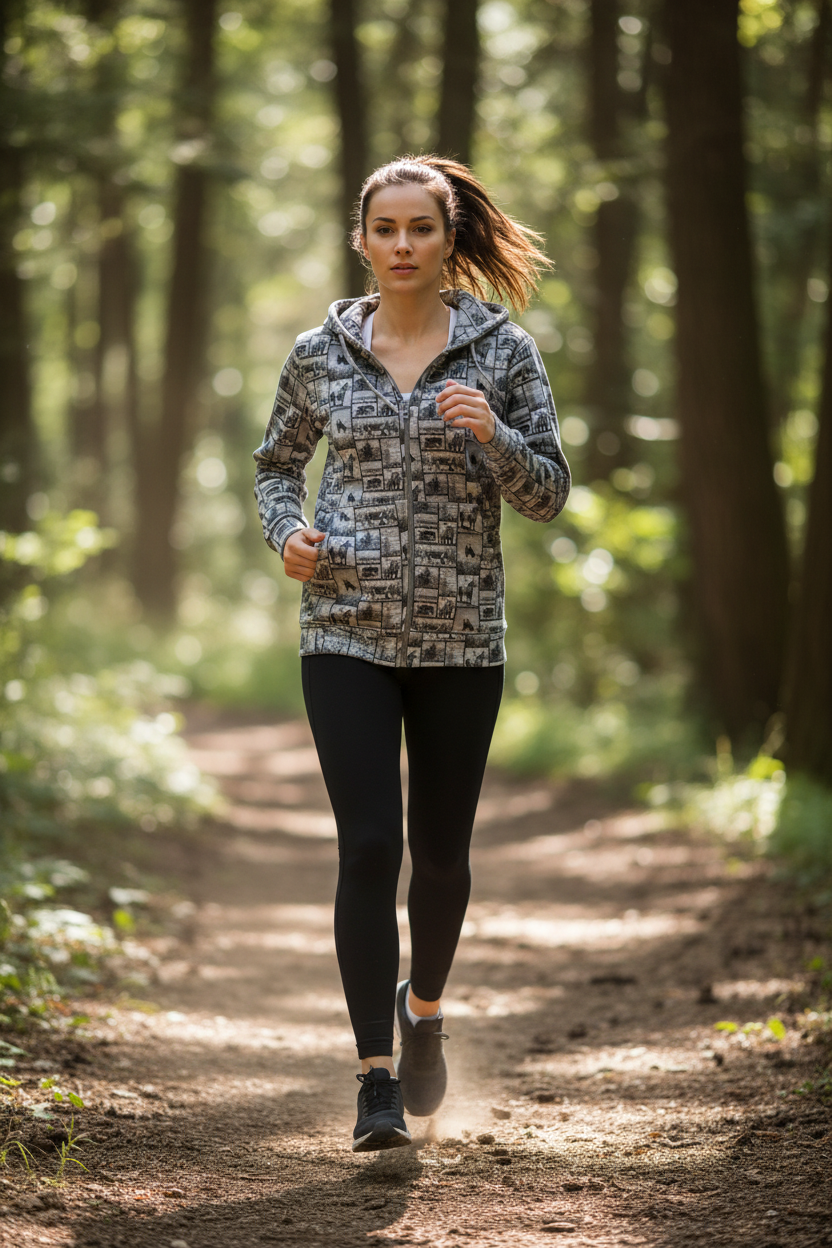 woman jogging wearing western hoodie in forest