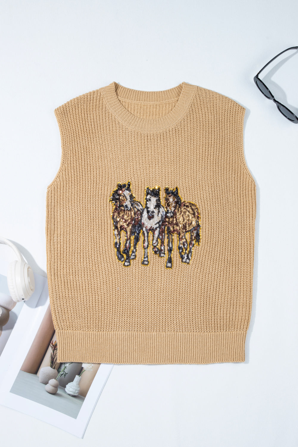 Parchment Sequin Horse Graphic Sweater Vest | Western Lightweight Knit Sleeveless Top