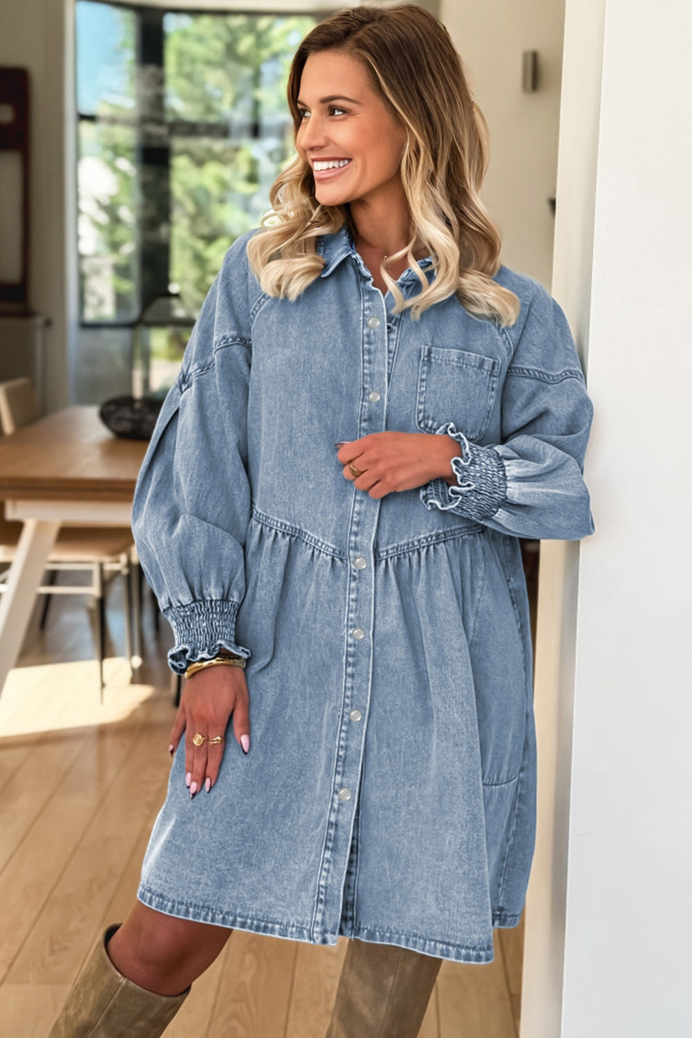 Blue Ruffle Denim Mini Dress – Smocked Cuffs, Flared Skirt & Heart Buttons, Western Denim dress