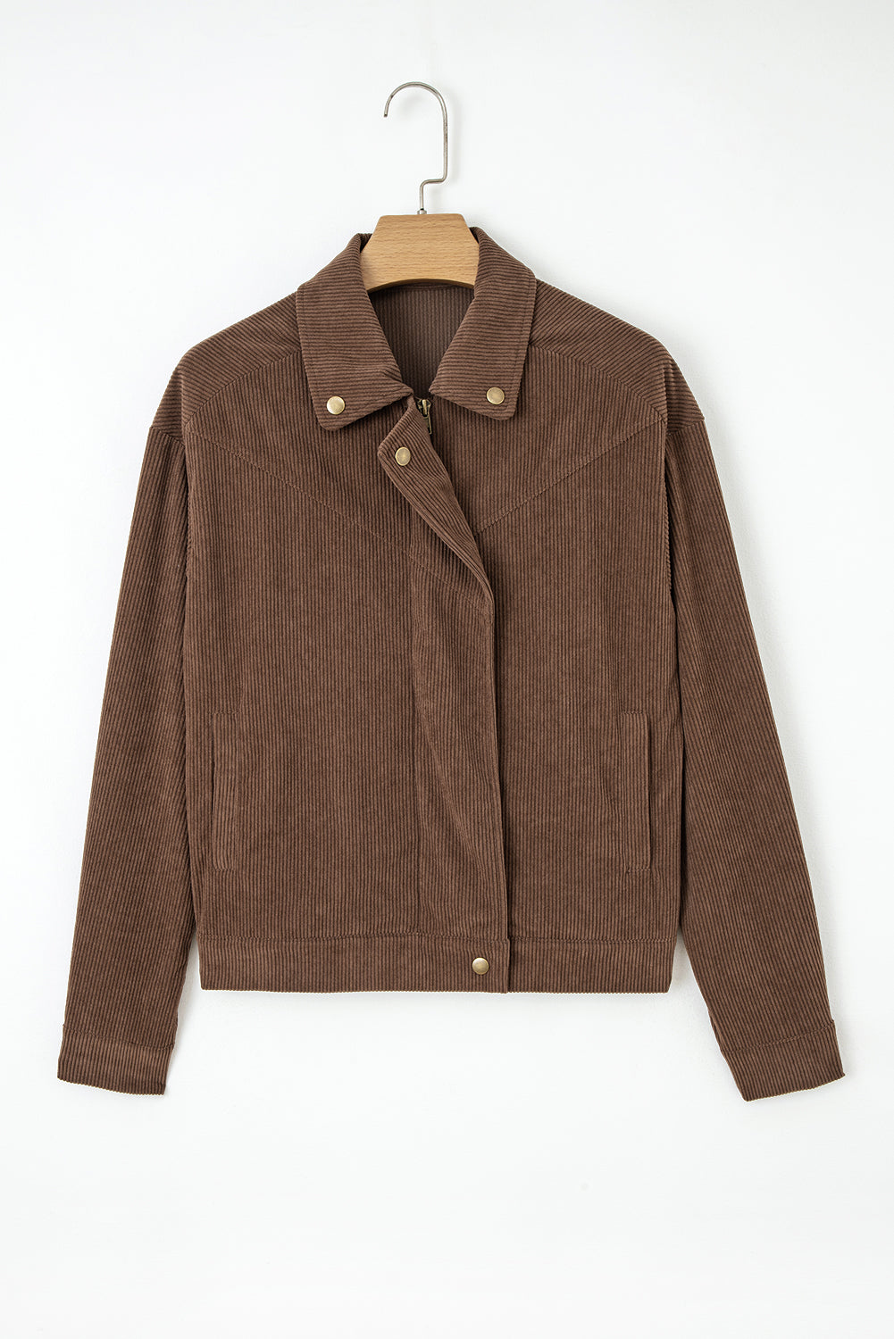 Women’s Western Corduroy Jacket – Brown Cowgirl Coat with Lapel Collar, Button &amp; Zip Front