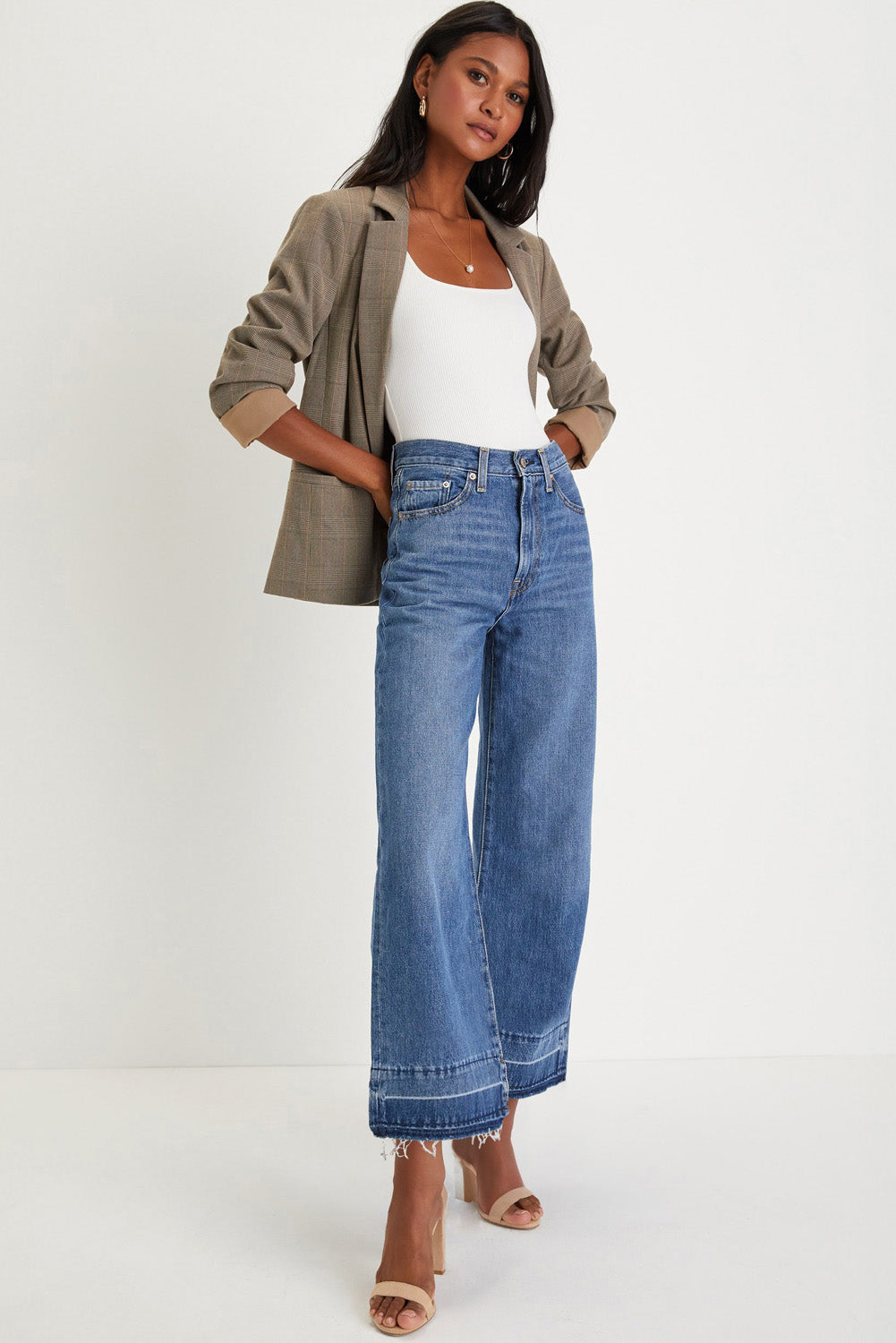 Womens High Waisted Cropped Jeans – Raw Hem Straight Leg Loose Fit Denim