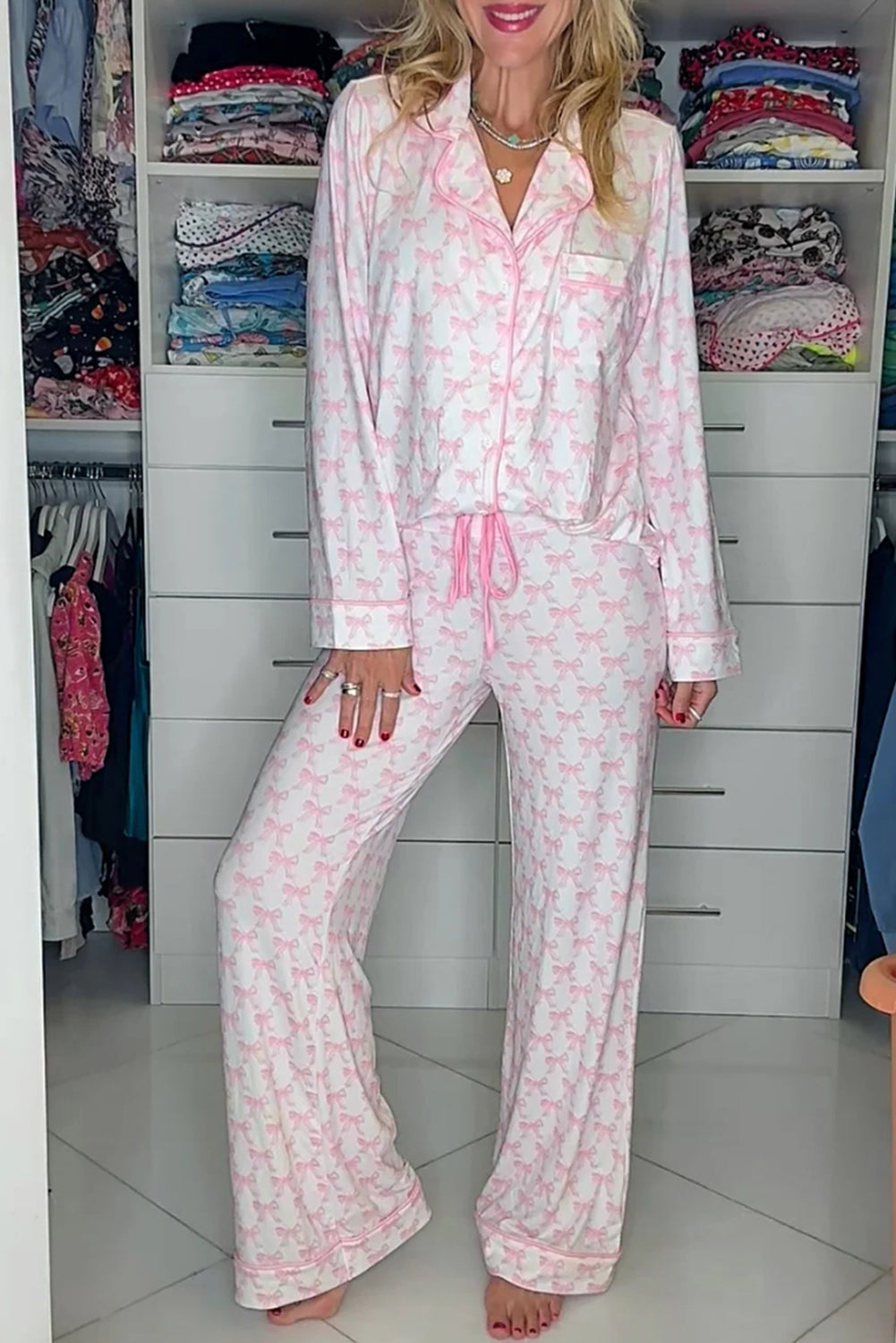 Pink Bow Pajama Set – Women’s Long Sleeve Shirt & Pants Sleepwear, Cute Bow Print Loungewear for Cozy Nights