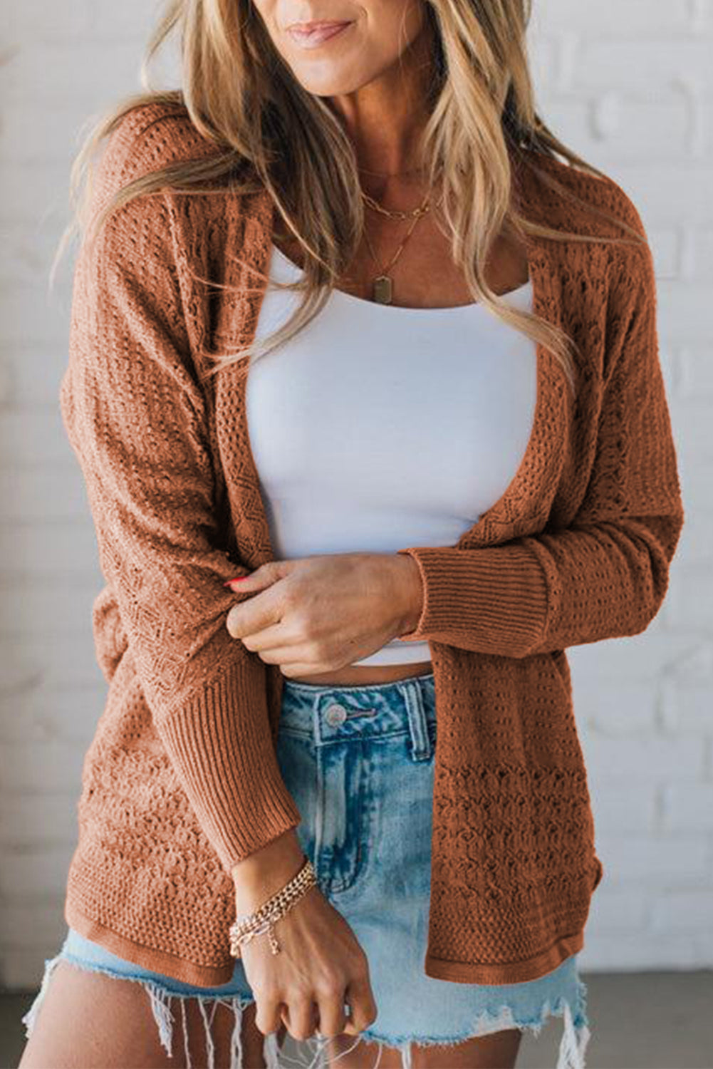 Womens Knit Cardigan – Redwood Burl Mix Pattern, Hollowed Open Front Fall Sweater