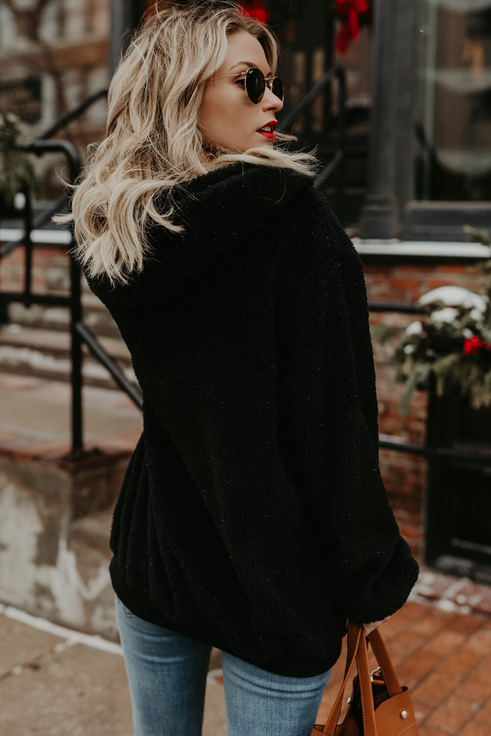 Women’s Black Furry Pullover Hoodie – Warm Winter Sweatshirt with Zip Neck & Drawstring Hood
