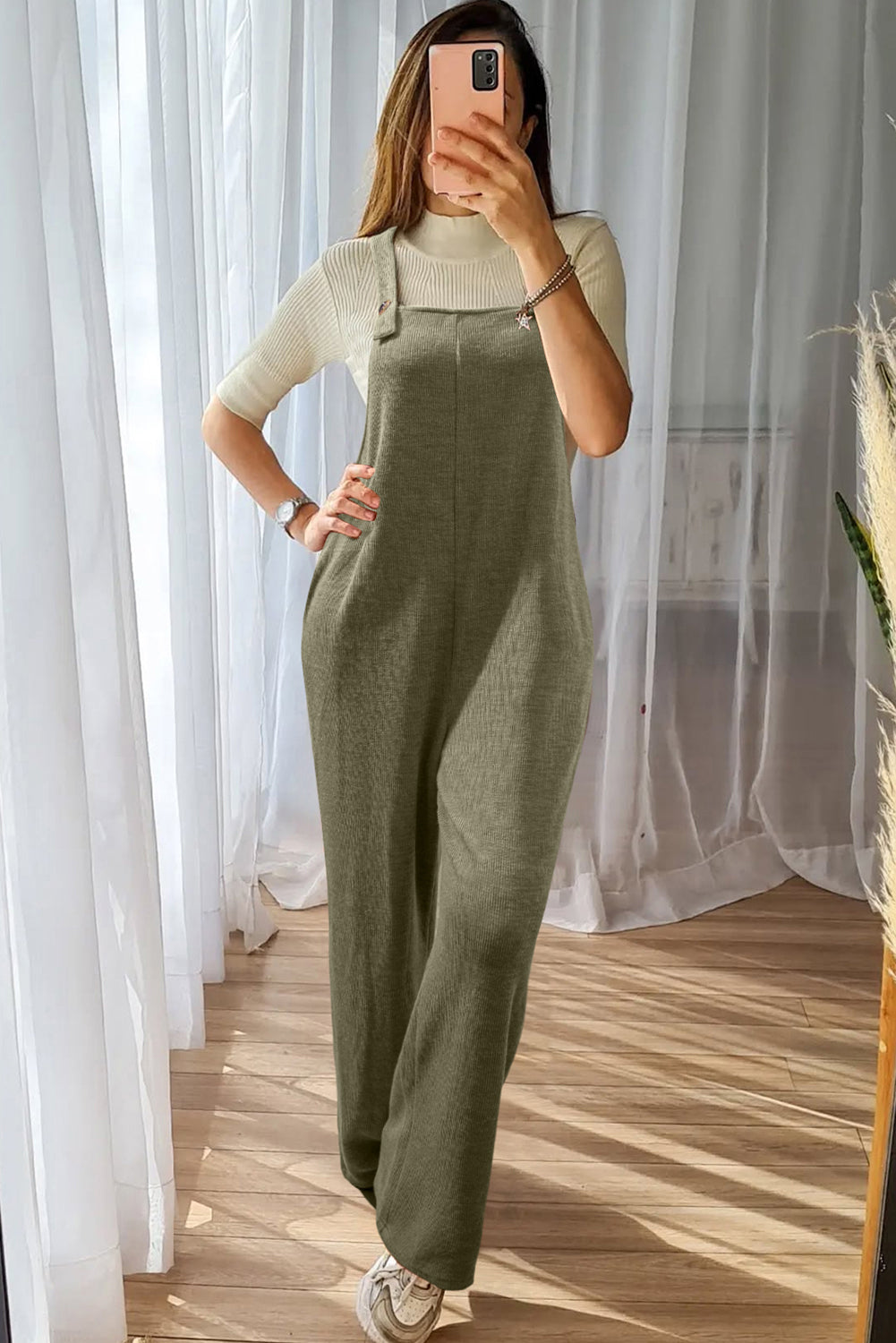 Green Knit Jumpsuit – Solid Color Casual Overall with Straight Leg & Pockets, Women’s Loose Fit One Piece Outfit